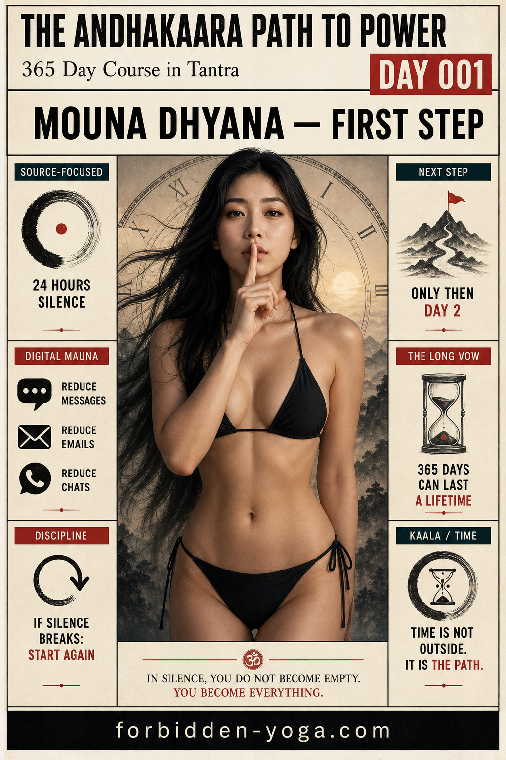 Andhakaara Day 1 Mouna Dhyana First Step course plate showing a silent vow, reduced messages, emails and chats, 24 hours of silence, time discipline, and the beginning of the 365-day path.