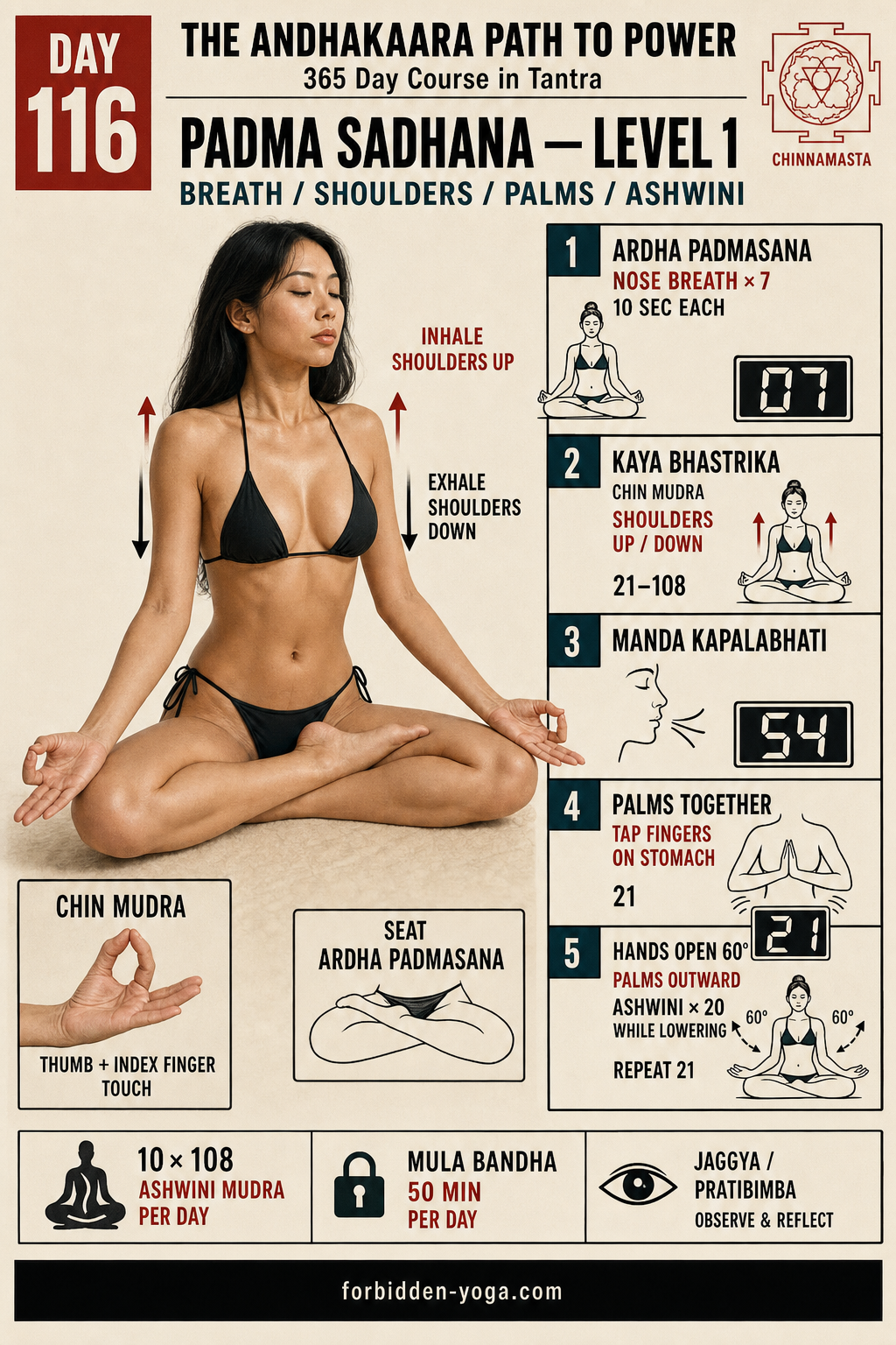 Andhakaara Day 116 Padma Sadhana Level 1 course plate for the Chinnamasta level, showing breath, shoulder, palm and Ashwini Mudra work with Ardha Padmasana, Kaya Bhastrika, Manda Kapalabhati, palm tapping, and reflection.