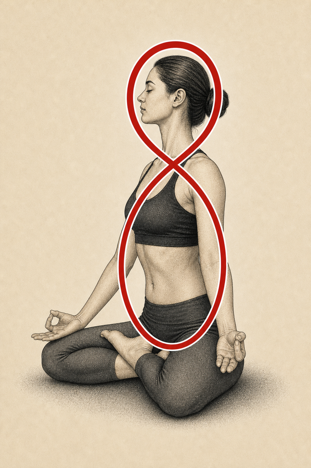 Andhakaara Day 316 course artwork showing a seated practitioner in half lotus with a red infinity loop around the head, spine, torso and breath channel.
