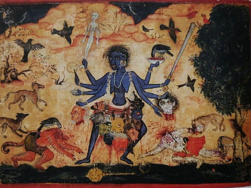 Chamundi goddess animation - Yogini Kaula Tantra cremation ground ritual representing female spiritual power in left-handed Shakta traditions