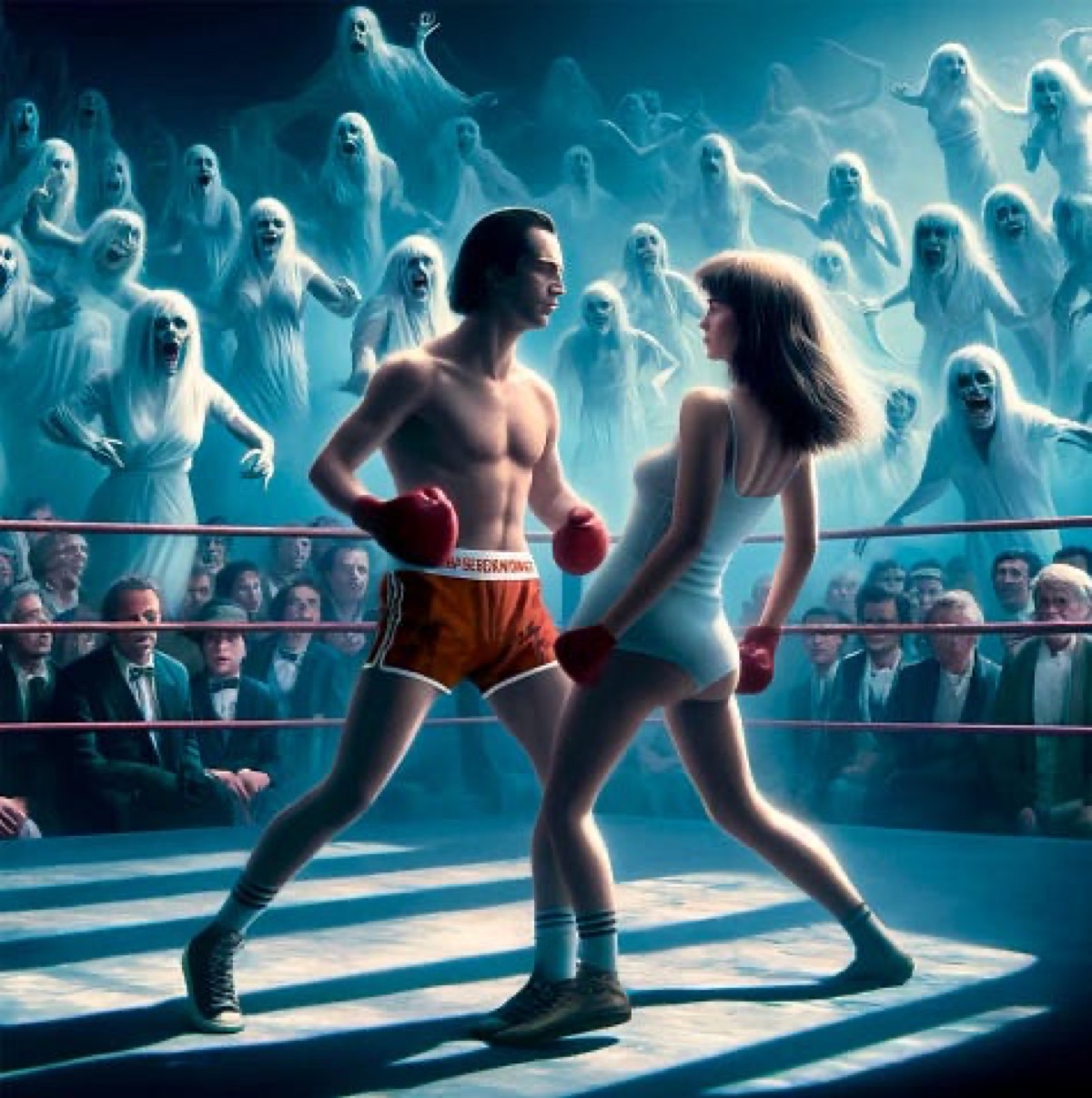 Man and woman in surreal artwork depicting conflict resolution in boxing ring